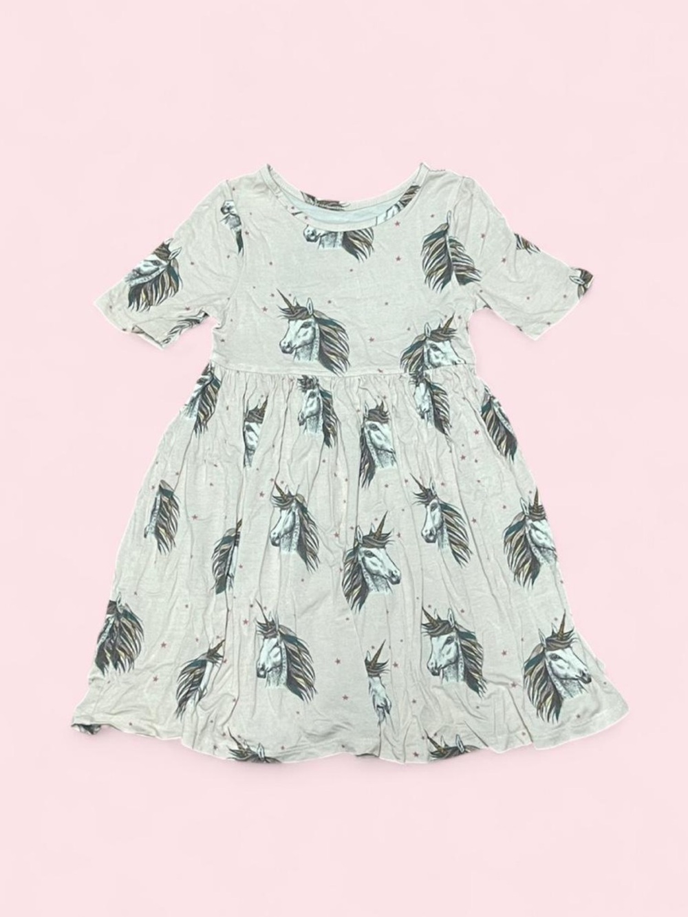 Pink Chicken Steph Dress Unicorn Print Bamboo Twirl Dress Pink Beige (Sz 3Y Est)